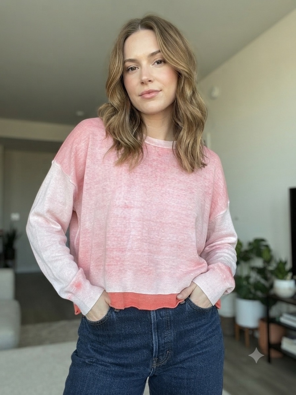 Feel The Piece Coral to Light Pink Ombre Crewneck Sweater